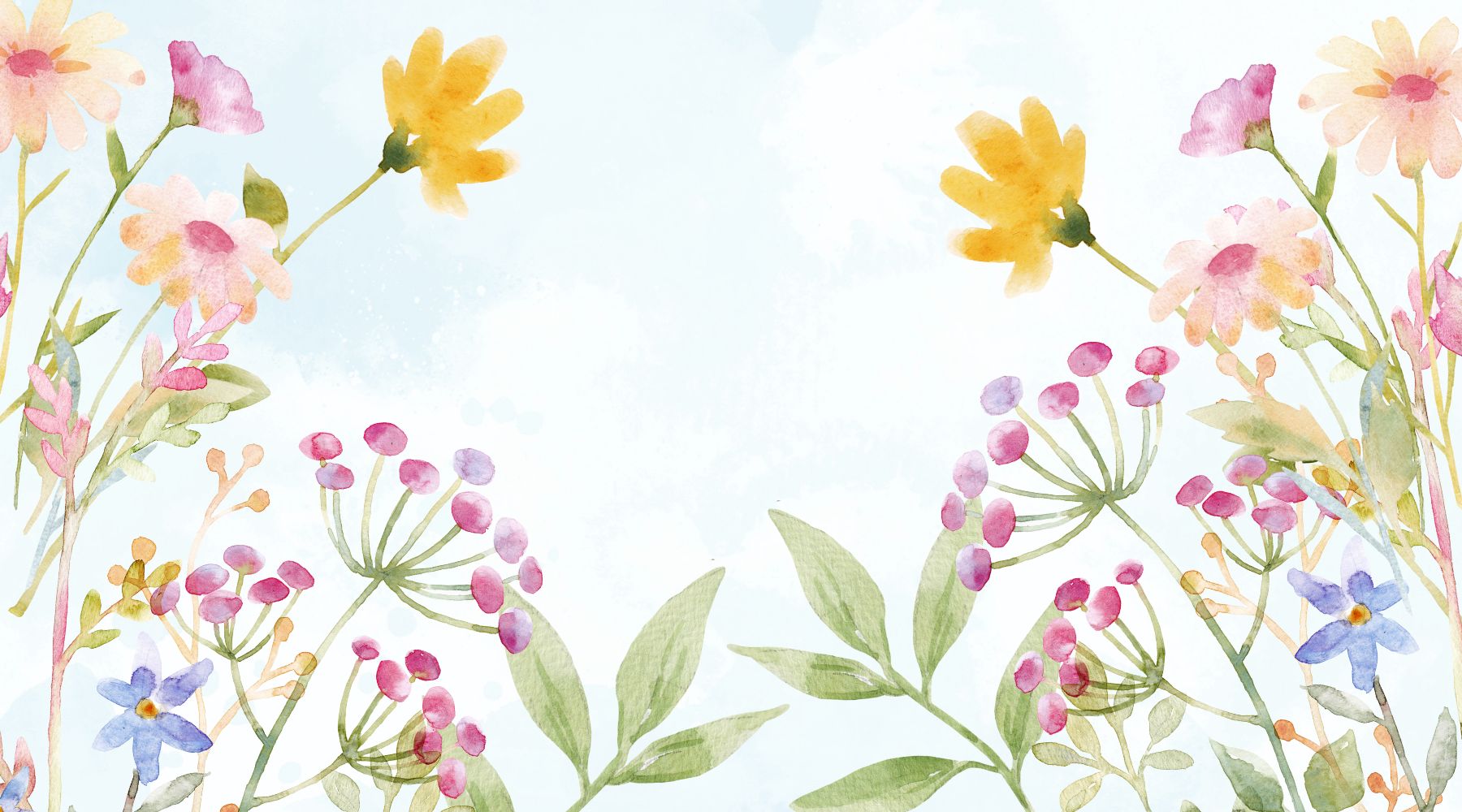 Watercolor illustration of colorful flowers and leaves on a light blue background