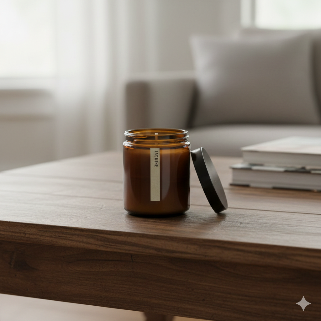 Jasmine Scented Candle on wooden table