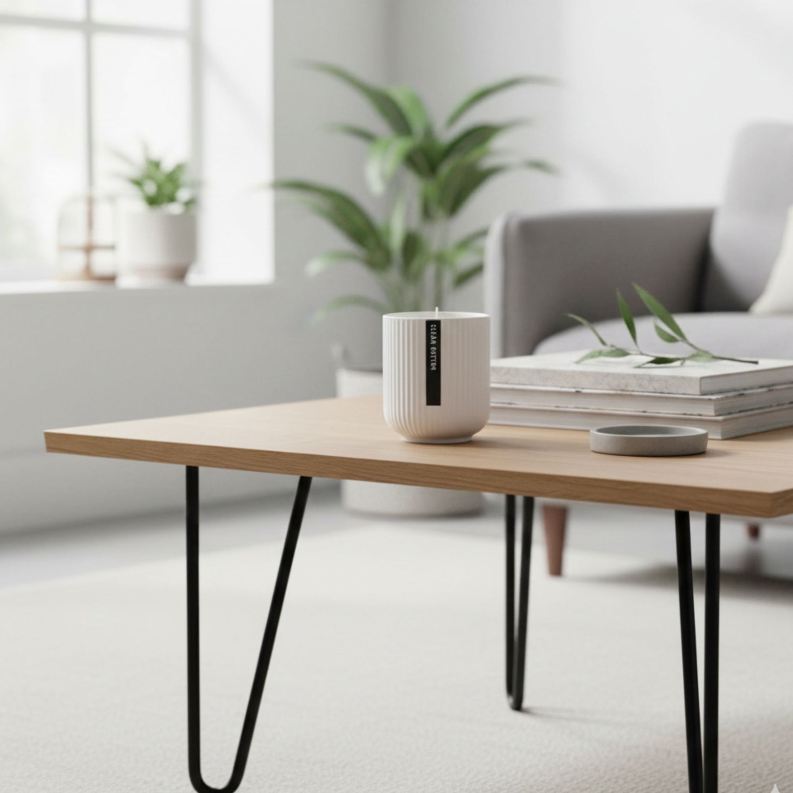Wooden coffee table with a white candle and books in a modern living room.