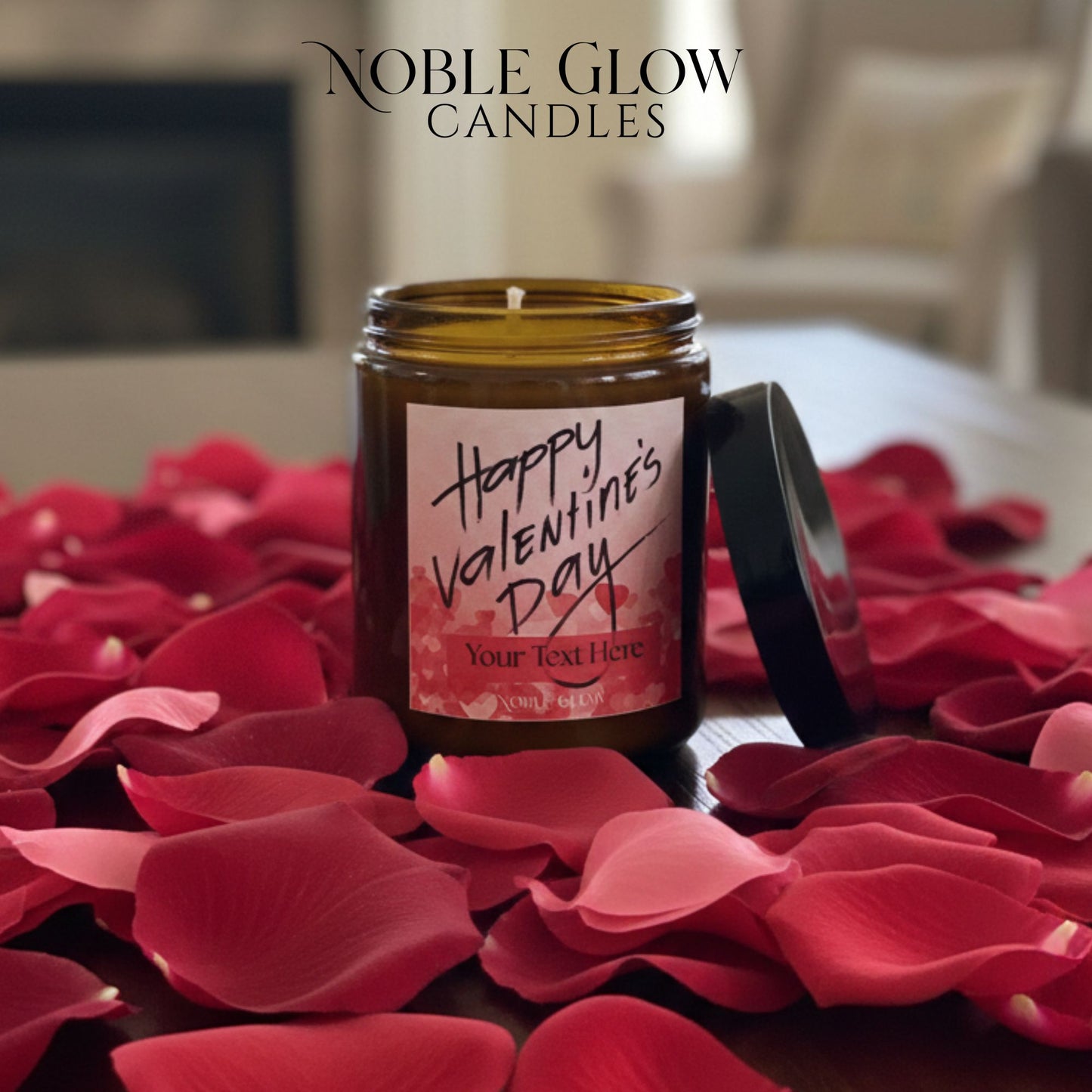 Candle with a Valentine's Day label on red rose petals, branded 'Noble Glow Candles'.
