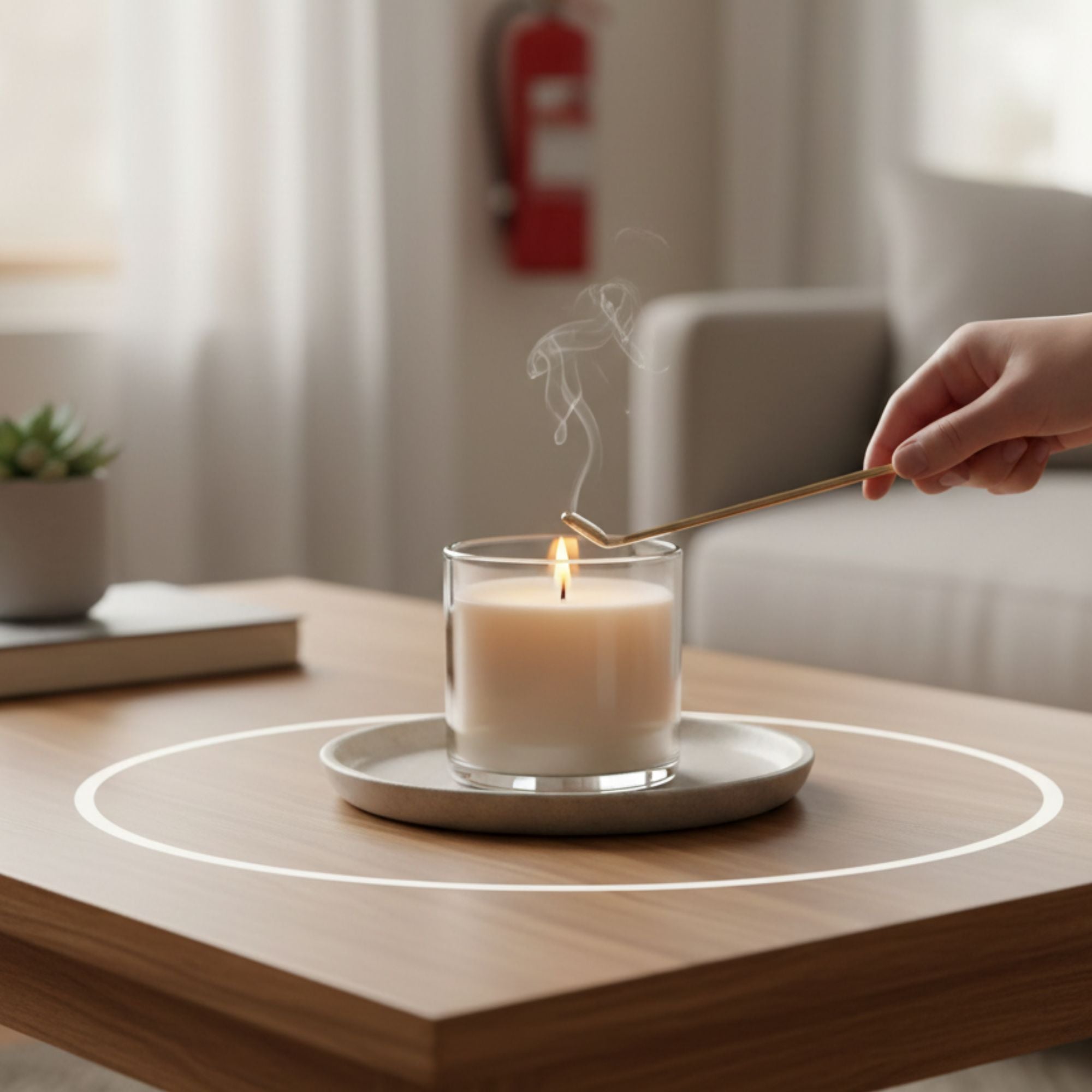 Hand using a spoon to light a candle on a wooden table with a blurred indoor background