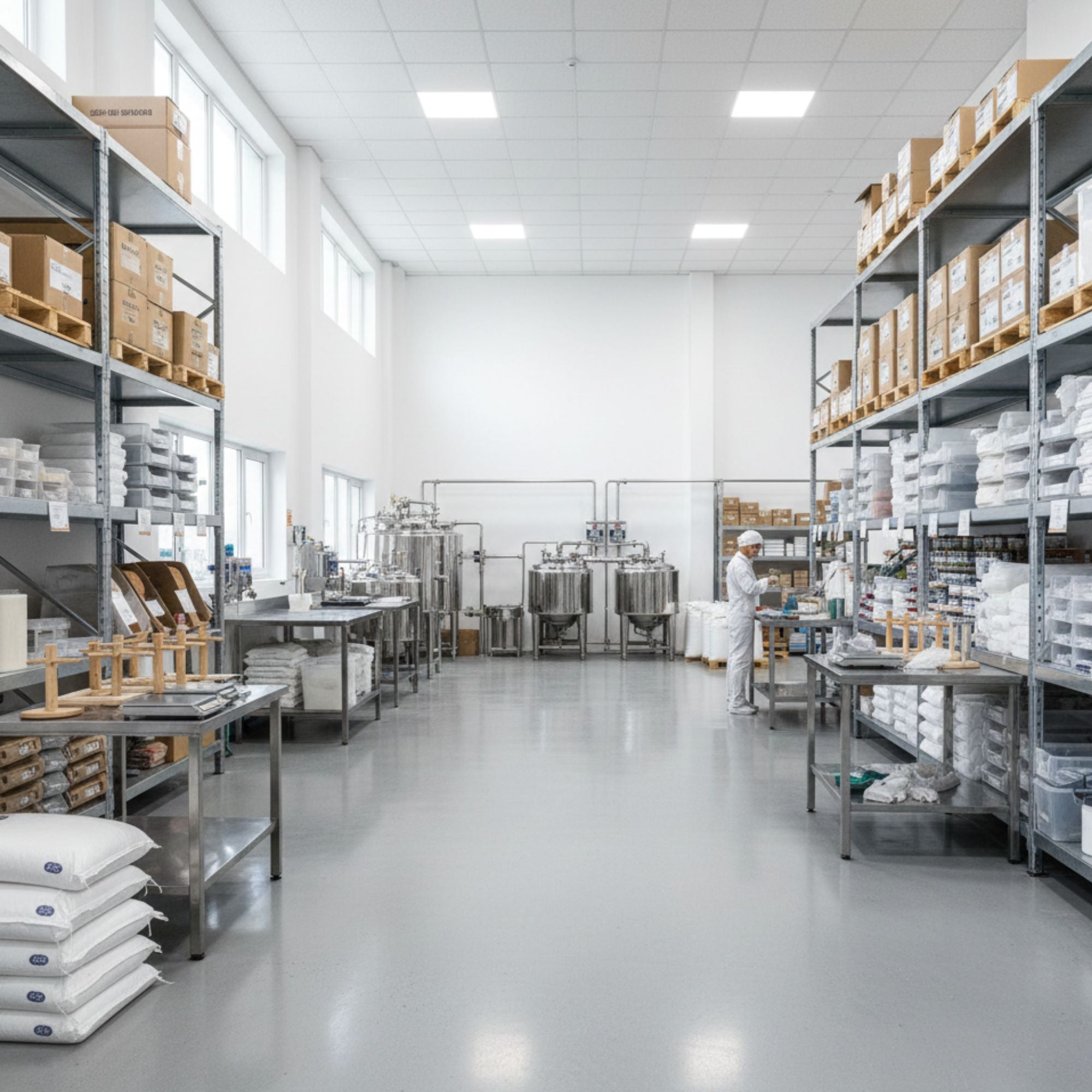 Clean, organized warehouse or factory interior with shelves, equipment, and a worker.