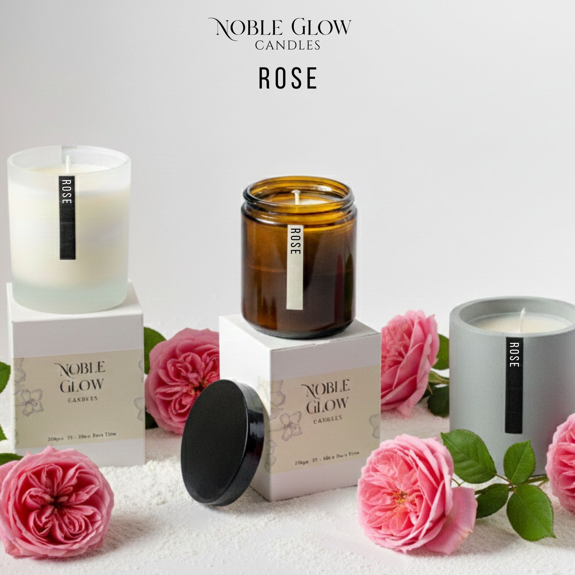 Noble Glow candles with rose fragrance on a light background