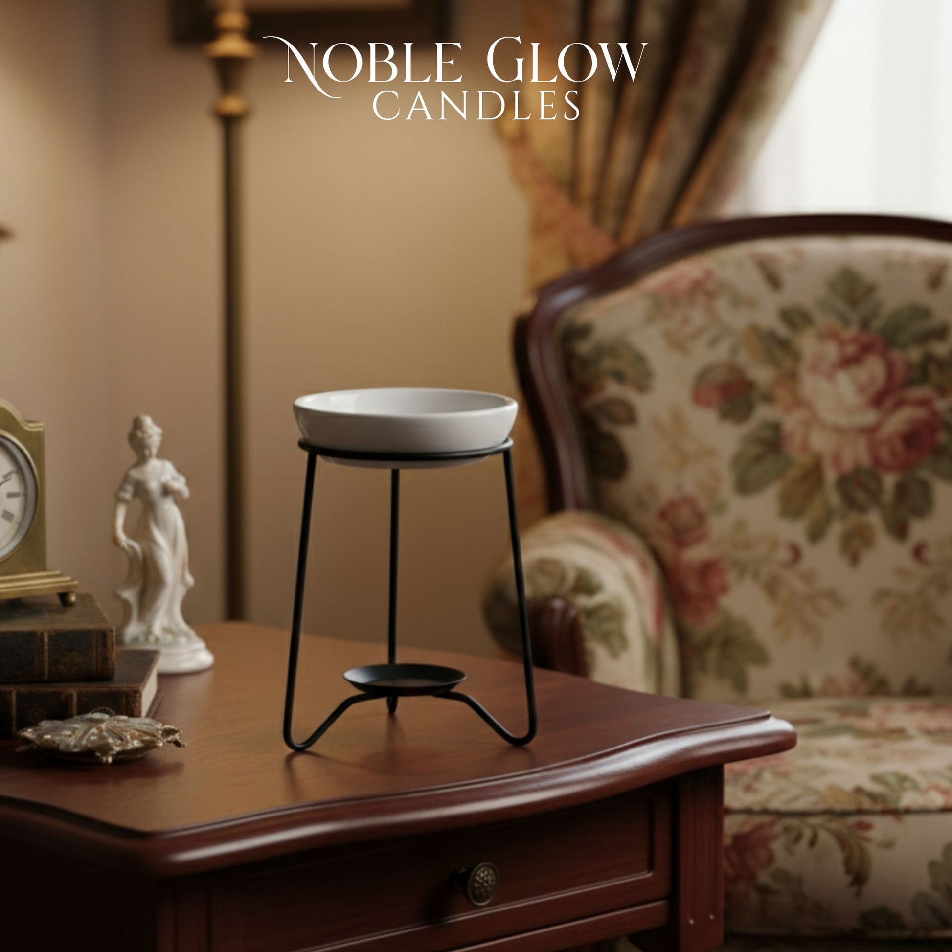 Noble Glow Candles product on a wooden table with decorative items in a warm-toned room.