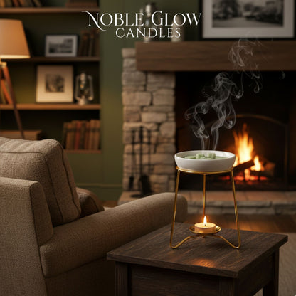 Noble Glow Candles product on a table with a fireplace in the background